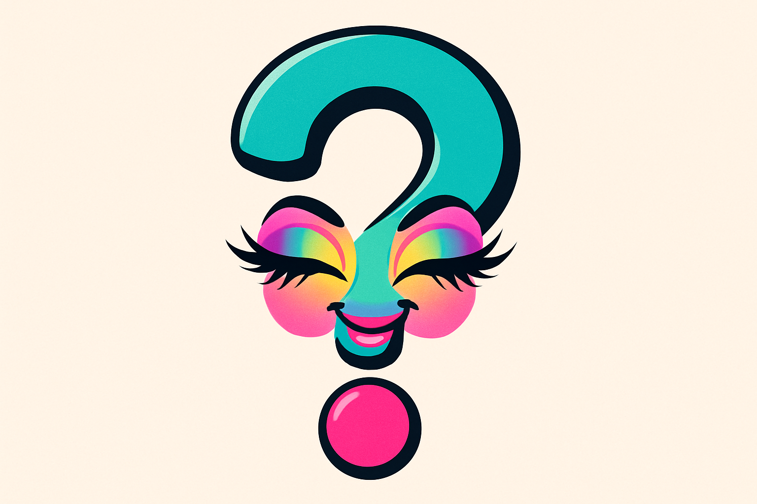 signo de interrogación con ojos maquillados y felices